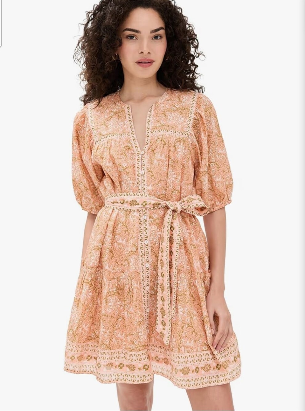 Cleobella Magdalena Mini Dress Peach Gray Indian Blockprint XS Belted Tuckernuck